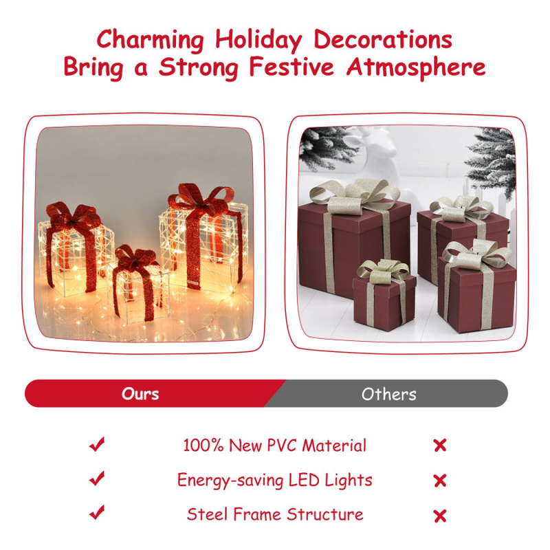 3 Pieces Christmas Lighted Gift Boxes Decorations with 60 LED Lights for Indoor