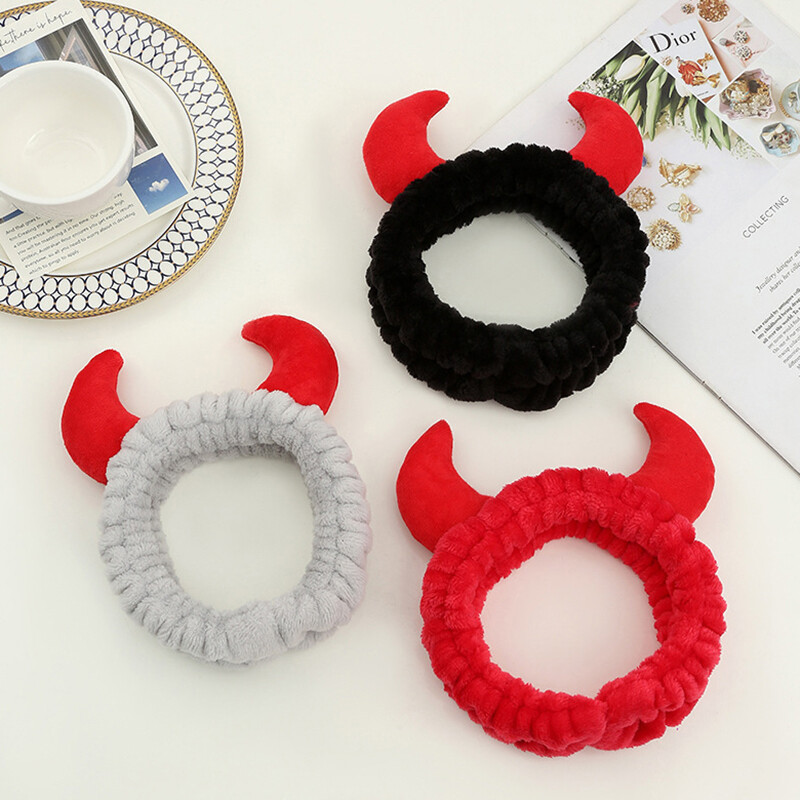Cute Red Horns Elastic Hairbands For Women Wash Face Sport Soft Fabric Headband