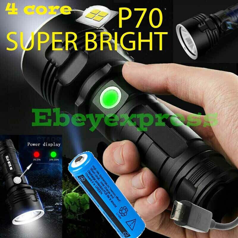 SuperBright Flashlight with 4 CORES 70 WATT Tactical Torch LED Recharge Battery