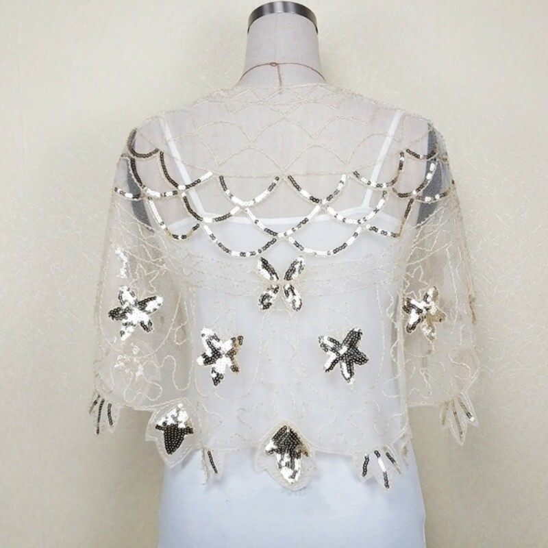 Donna Paillettes Mantella Trasparente Vintage Pizzo Spalle Bolero Scialle Festa