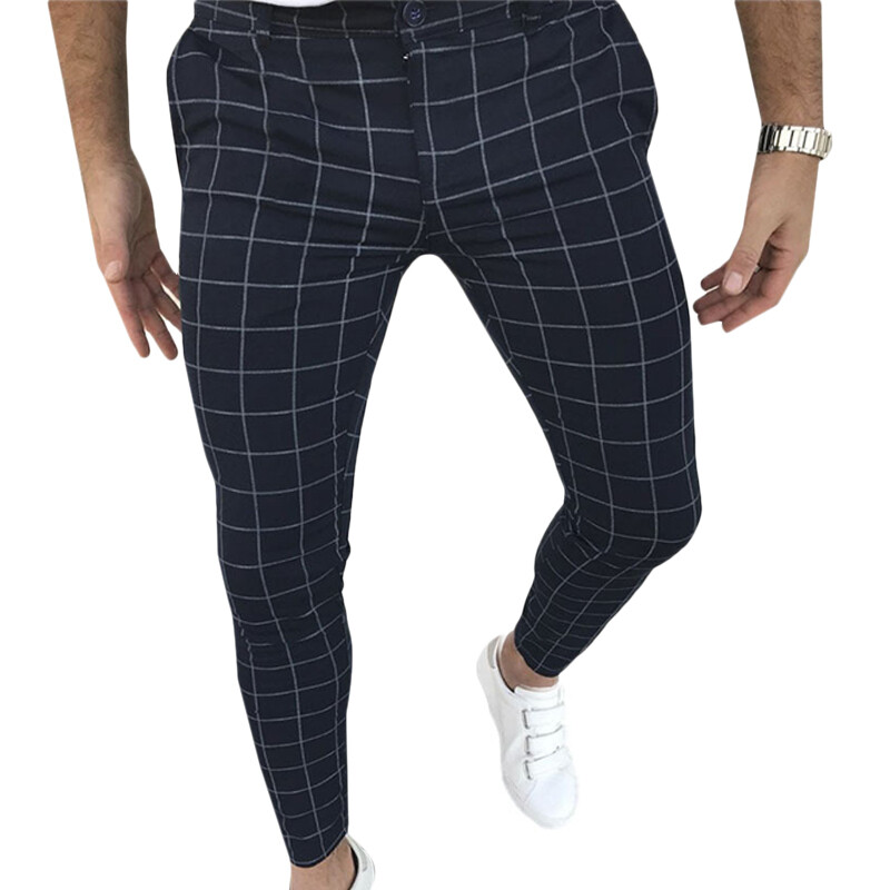 Mens Business Plaid Trousers Skinny Stretch Pencil Pants Casual Office Bottoms