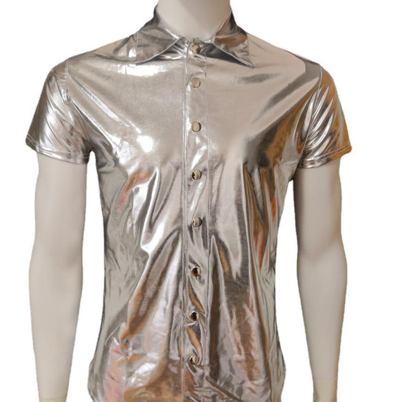Hommes Brillant Simili Cuir Verni Haut Chemise Chemisier Manche Courte