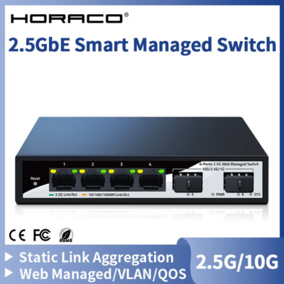 HORACO 2.5Gbe Smart Managed Switch 4 Port RJ45 2500Mbps Web Managed 10G SFP+