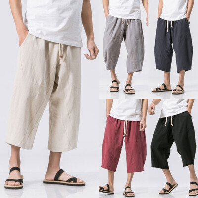 Mens Summer Linen Drawstring Shorts 3/4 Casual Breathable
