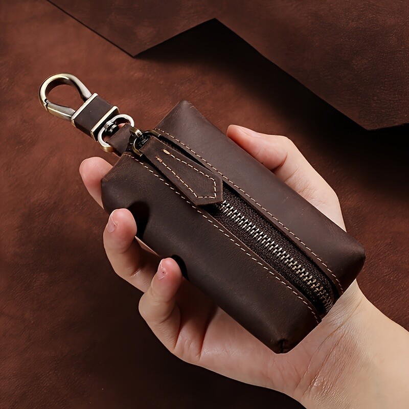 Uomo Vera Pelle Piccolo Portamonete Borsellino Portachiavi Case Zip Rétro
