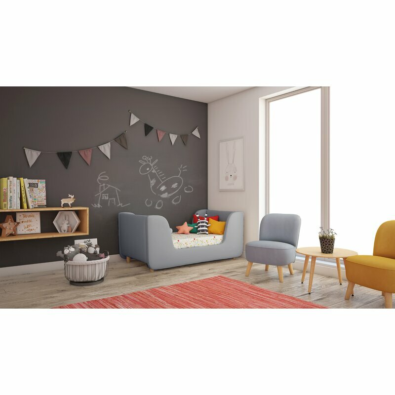 Low Wood Kids Toddler Bed Modern Slats Rounded Safety Corners Soft Velvet Gray
