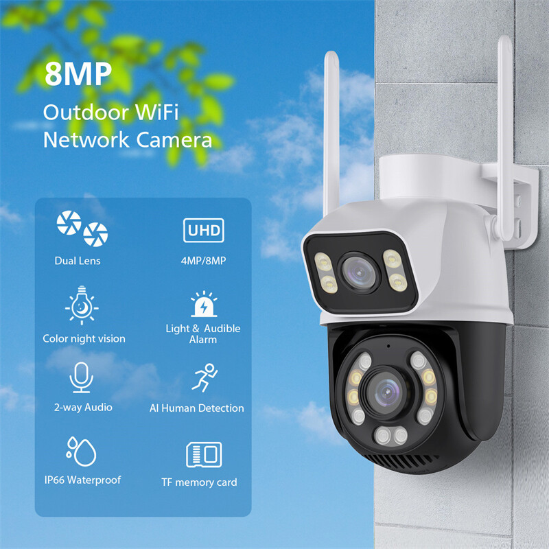 ICSee 8MP Dual Lens WiFi IP Camera Wireless Outdoor CCTV PTZ Home Security Cam