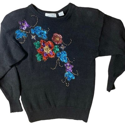 Vintage 80s Floral Sequin Bead Embellished Sweater S Women s Black Mobwife