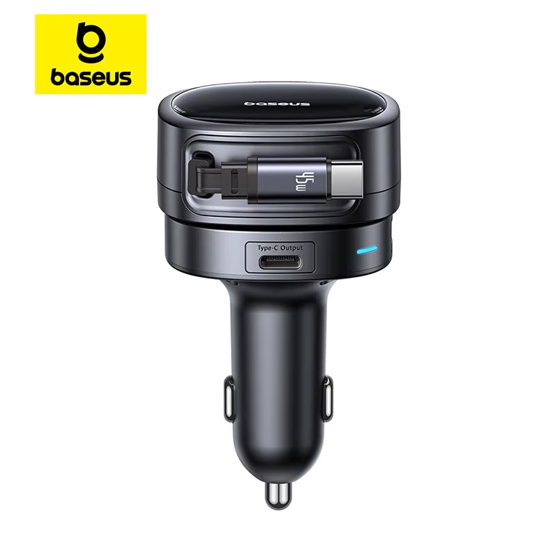 60W Car Charger 45W Retractable Cable 3 Ports Fast Charging 180° Rotating Car Ph