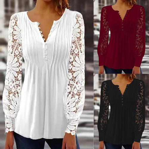 Women Embroidery Hollow Out Lace Blouse T Shirt V Neck Tops