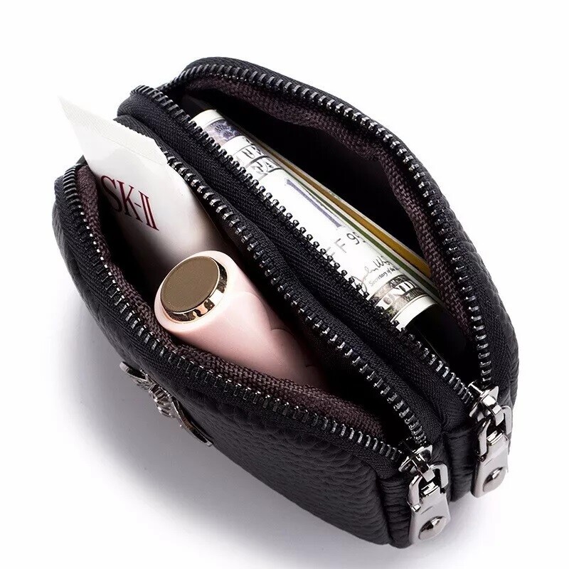 Womens Genuine Leather Small Coin Holder Change Purse Zipper Key Card Wallet