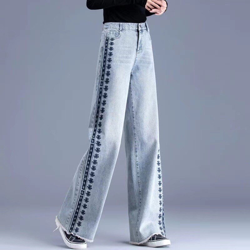 Donna Dritto Gamba Larga Pantaloni Denim Ricamato Pantaloni Jeans Vita Alta Chic