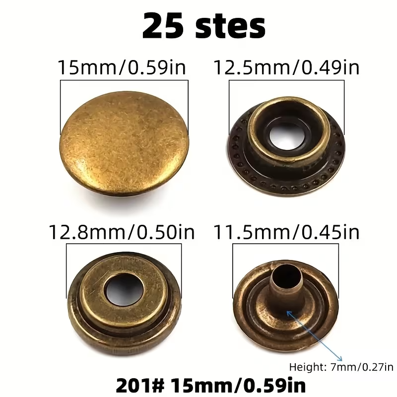 Fermoir bouton attache en fer 15 mm 25 sets métal bronzé boutons