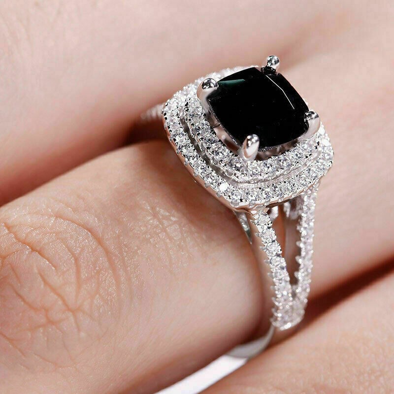 Genuine Onyx 3CT Cushion Cut Wedding  Double Halo Split Shank Ring 14K Gold Over