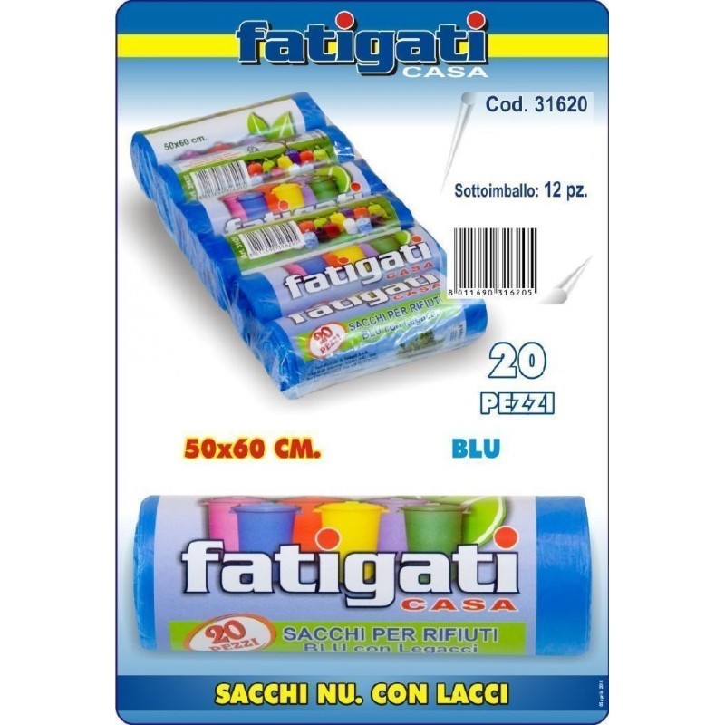 Set 12 Confezioni Di 20 Sacchi Rifiuti Spazzatura Con Legacci 50x60cm Blu dfh