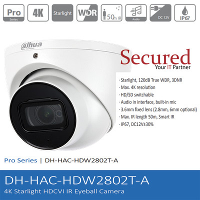 Video Camera Dahua 8MP 4K Dome Motorized Starlight Audio - HAC-HDW2802T-A-0280B
