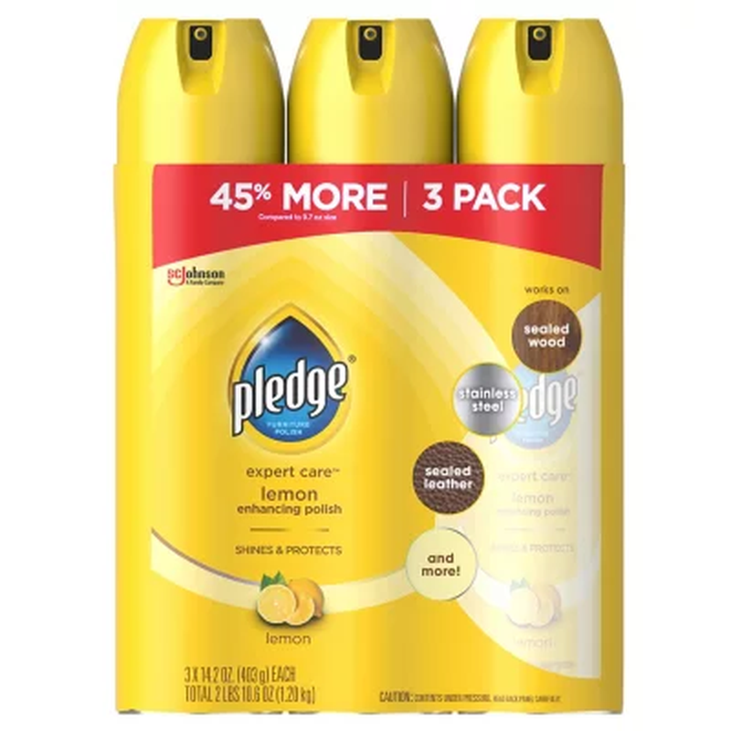 Pledge Furniture Enhancing Polish Spray, Lemon - 14.2 Oz. 3-Pack - Free Shipping