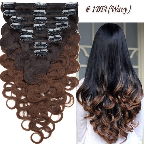 Thick Double Weft Clip In Real Remy Human Hair Extensions Full Head Highlight US