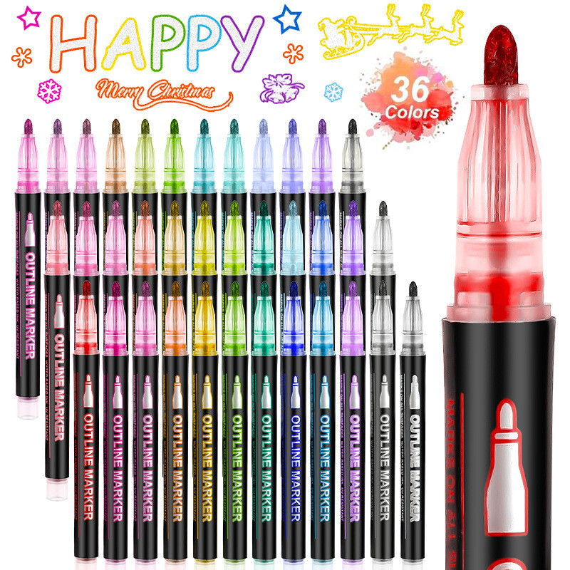 24 Colors Drawing Double Line Outline Pen Highlighter Marker Pens For School Kid