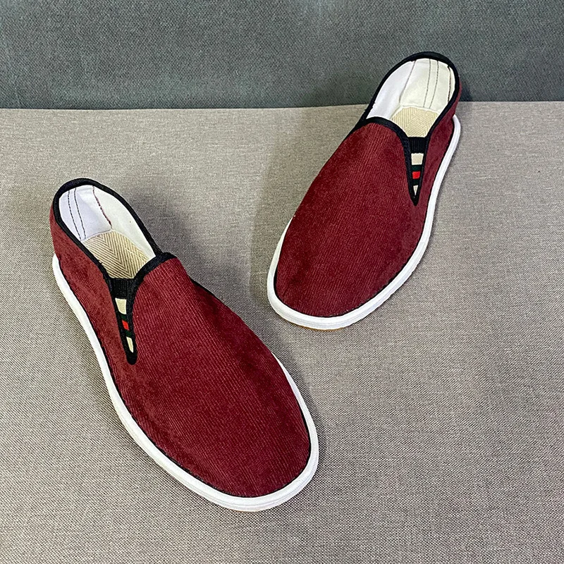 Summer Corduroy Shoes Men Slip-On Flat Loafers Hollow Out Comfortable Father Sho