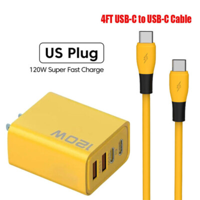 120W 4-Port USB C Fast Wall Charger Block ,PD 4FT Cable For All Cell Phone iPad