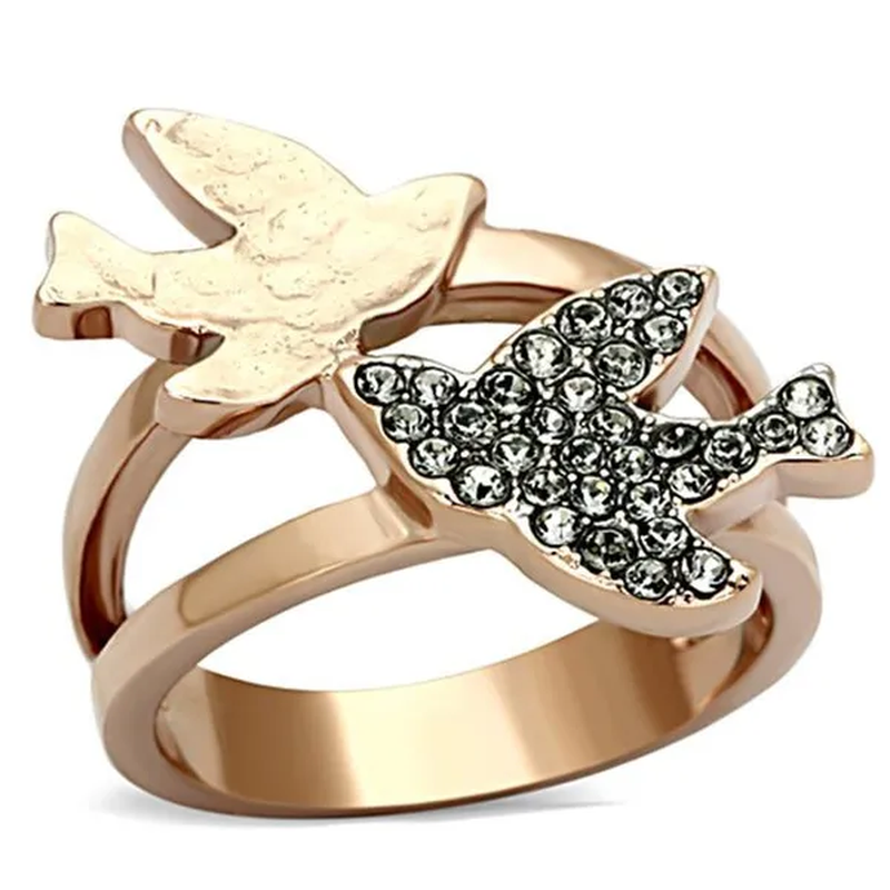 Women Two-Tone IP Rose Gold Stainless Steel Ring with Top Grade Crystal in Black Diamond - Size 6