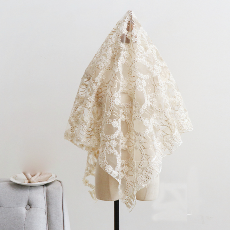 1M Beaded Embroidered Lace Fabric Sheer Floral Mesh for Bridal Wedding Dress DIY