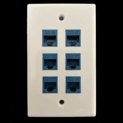 6 Port CAT5E Ethernet Wall Plate Single Gang Keystone Network Female to Female