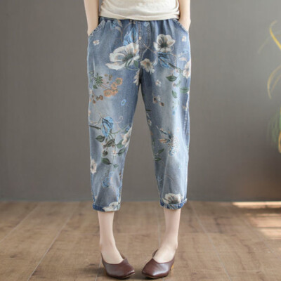 Lady Floral Printed Harem Pants Denim Cropped Trousers Jeans Ethnic Retro Casual