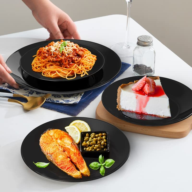 Black Dinnerware Set,  18-PCS Kitchen Opal Dishes Set Service for 6, Lightweight