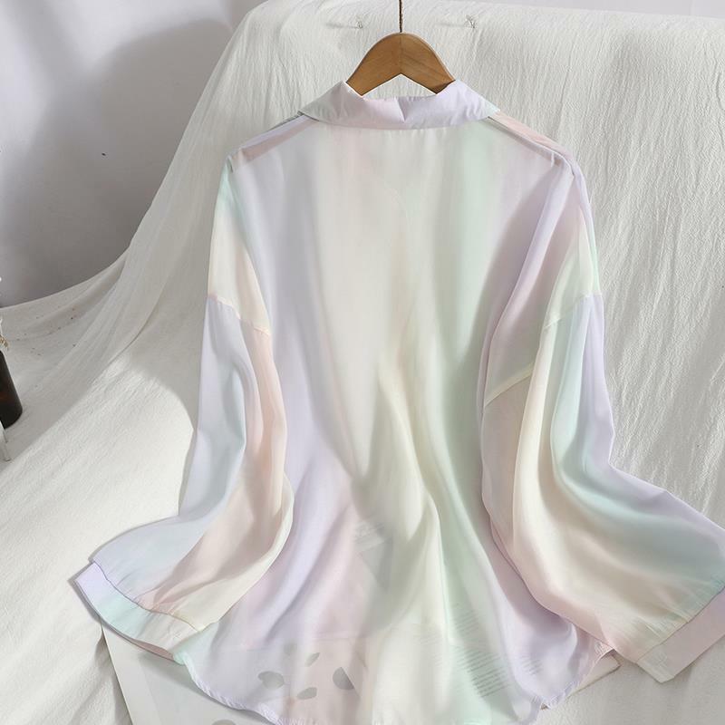 Lady Gradient Rainbow Shirts Blouses Button Down See Through Loose Jacket Casual