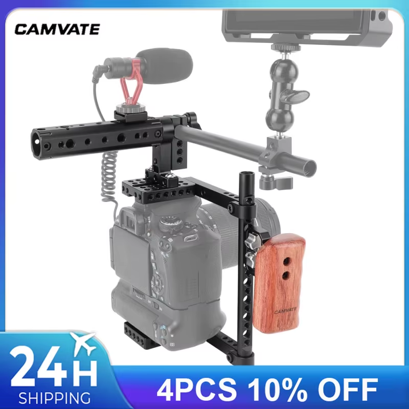 Universal Camera Cage Rig With Wooden Handle Grip& Top Handgrip& Shoe Mount For