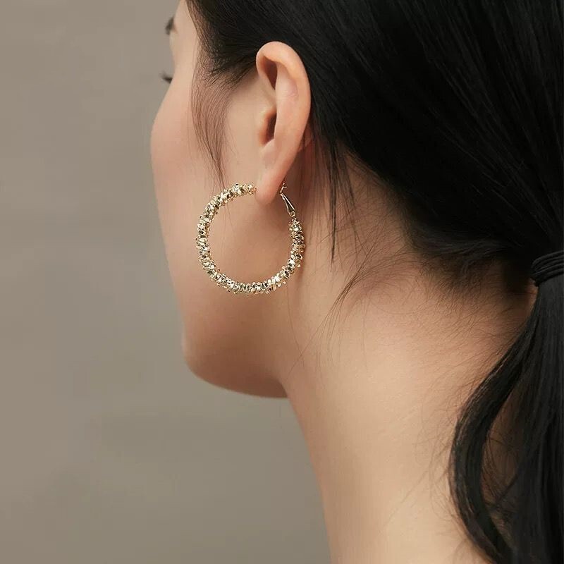 Women 18K Gold Plated Glitter Sparkle Hoop Huggie Earring Stud Allergy Free