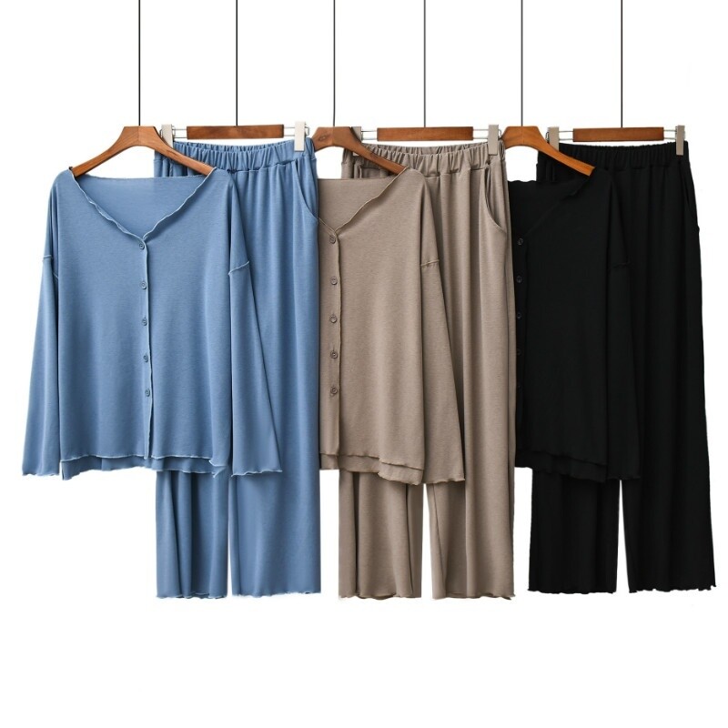 Lady Modal Pajama Set Loungewear V Neck Long Sleeve Sleepwear Nightie Loose