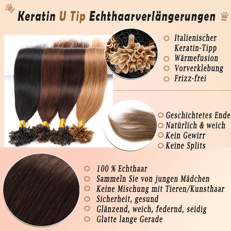 U-tip Echthaar Extensions 30 Cm – 150 Strähnen à 0,5g, Farbe Nr. 08 Goldbraun