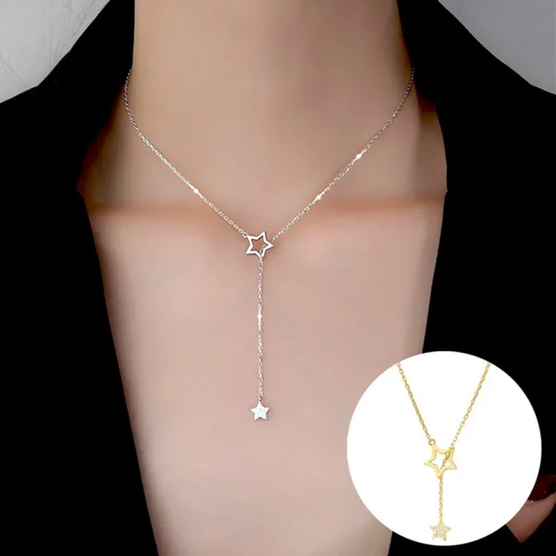 Women'S Fashion Jewelry Simple Diamond Pentagram Pendant Necklace Tassel Clavicle Chain