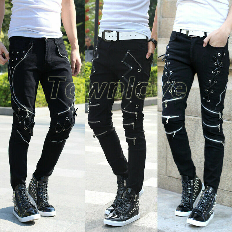 needles スラックス　ランチャー　スタプレ　ロゴ付き Mens Skinny Slim Stage Pants Stylish Jeans Pencil Denim Punk