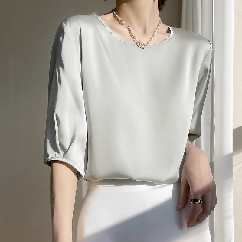 Donna Raso Maglietta Top Mezza Manica Finta Seta Camicetta Unita Casual T-Shirt