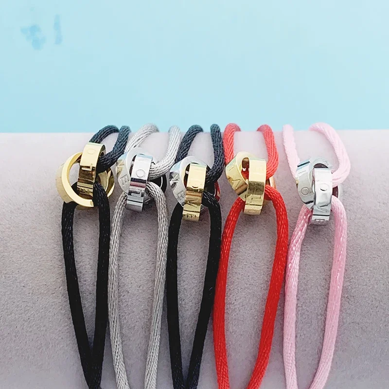 Stainless Steel Adjust Rope Two Color Metal Love Letter Engrave Bracelet Unisex