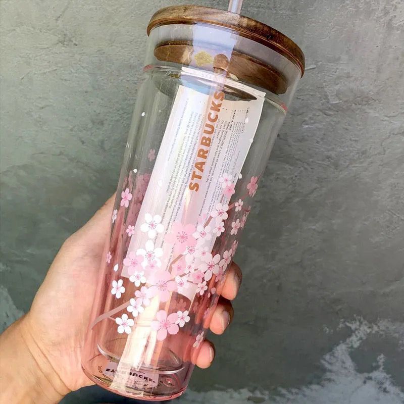 Starbucks Tumbler Pink Sakura Double Glass Straw Cup 591 ml+ Wooden Lid + Plug View 3