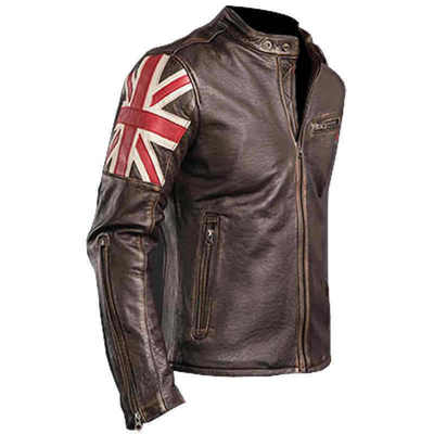 

Мужская байкерская винтажная рваная коричневая кожаная куртка Union Jack Racer из воловьей кожи, Distress brown