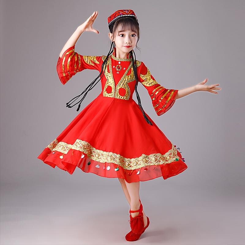 Girl Ethnic Traditional Dance Dress Costume Flare Sleeve Swing Performance Dress