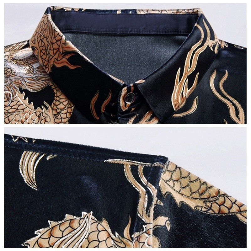 トップス velour jersey china shirt Men Velvet Shirt Chinese Gold Dragon Print Retro Animal