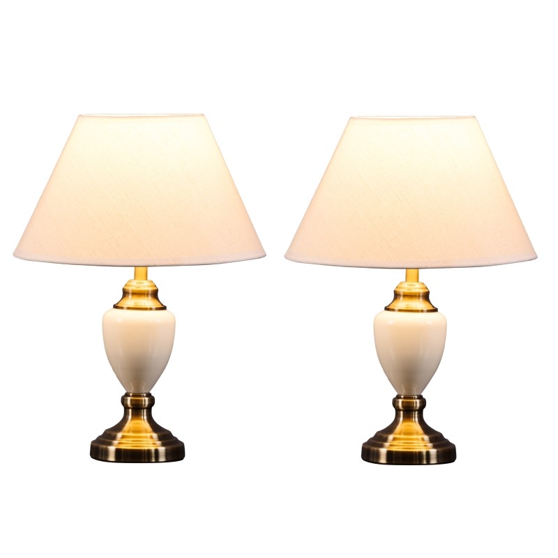 Pair Of Malham Cream Ceramic Traditional Bedside Table Lamps & Shades