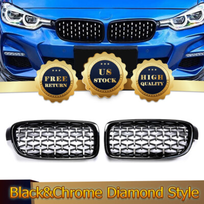 Chrome Black For BMW F30 F31 3-Series Front Kidney Grill Grille Diamond 2012-17