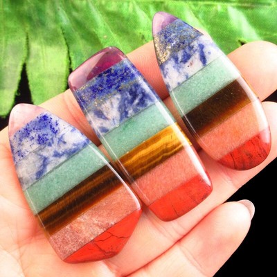 3Pcs Natural 7 Chakra Gemstone Shield & Oblong & Teardrop No Hole D84174
