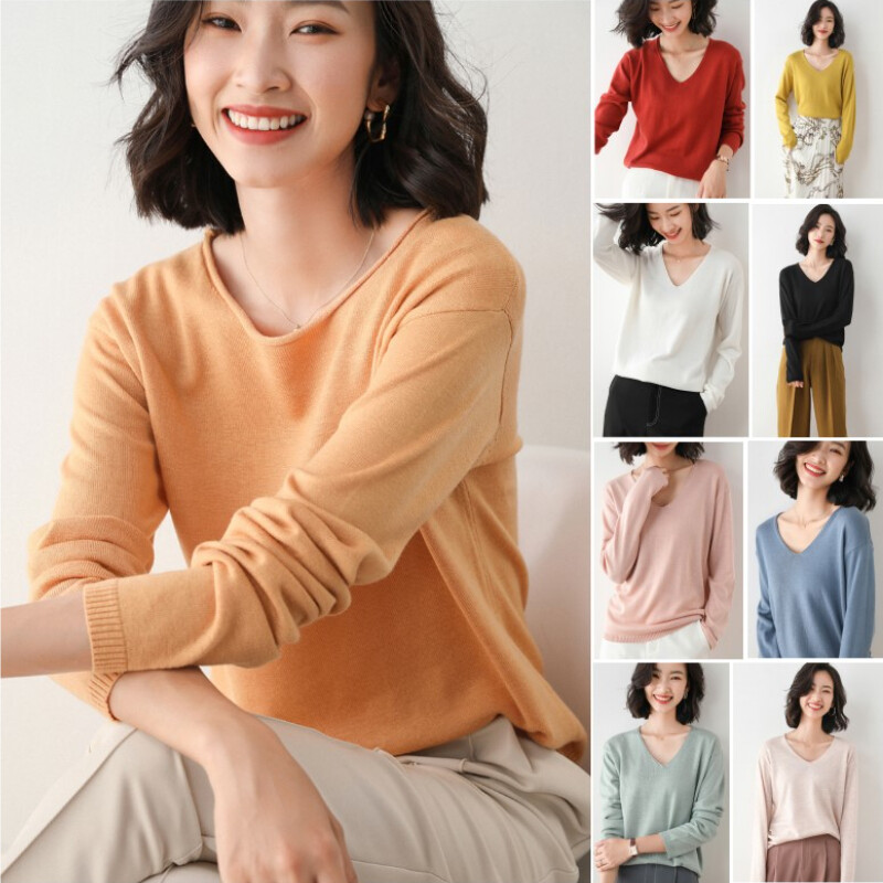 Femme Pull Tricot Col V Bas Chemise Faux Cachemire Pull Slim Fit