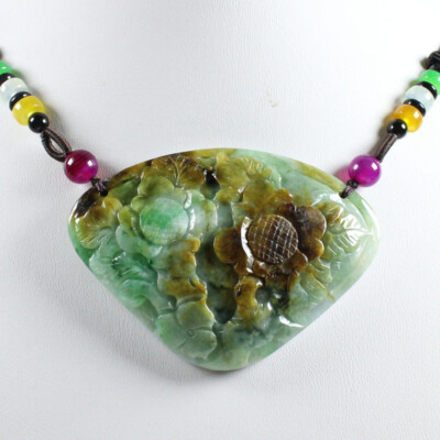 Certified Multi-Color Burma Natural 100% A Jade jadeite pendant Peony 牡丹 j6812