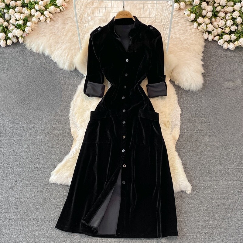 Women Velvet Dress Maxi V-neck Slim Fit Black Button Elegant Party French