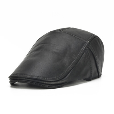 Men Genuine Leather Hat Beret Flat Newsboy Caps Cowhide Cabbie Retro Chic